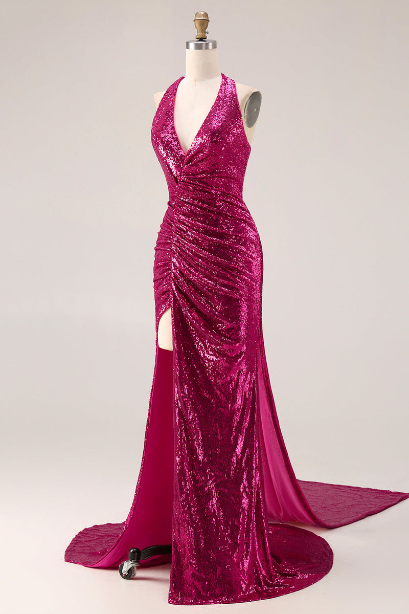 Load image into Gallery viewer, Sparkly Fuchsia Halter Mermaid Sequin Long Prom Dress with Cape