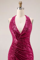 Load image into Gallery viewer, Sparkly Fuchsia Halter Mermaid Sequin Long Prom Dress with Cape