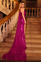 Load image into Gallery viewer, Sparkly Fuchsia Halter Mermaid Sequin Long Prom Dress with Cape
