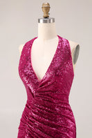 Load image into Gallery viewer, Sparkly Fuchsia Halter Mermaid Sequin Long Prom Dress with Cape