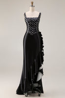 Load image into Gallery viewer, Black and White Polka Dots Mermaid Asymmetrical Corset Prom Dress with Ruffles