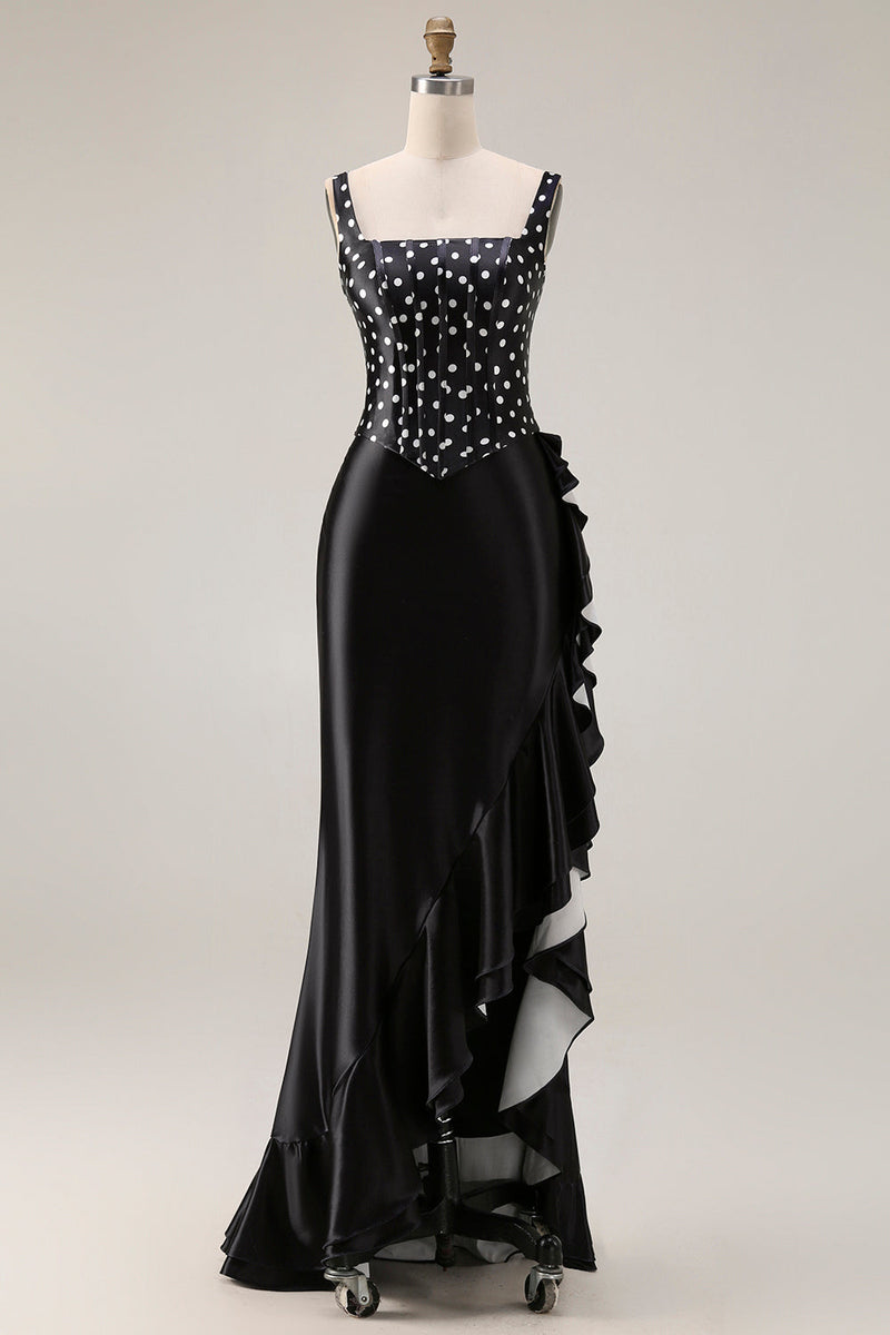 Load image into Gallery viewer, Black and White Polka Dots Mermaid Asymmetrical Corset Prom Dress with Ruffles
