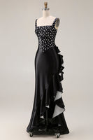 Load image into Gallery viewer, Black and White Polka Dots Mermaid Asymmetrical Corset Prom Dress with Ruffles