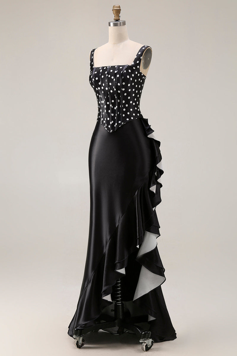 Load image into Gallery viewer, Black and White Polka Dots Mermaid Asymmetrical Corset Prom Dress with Ruffles