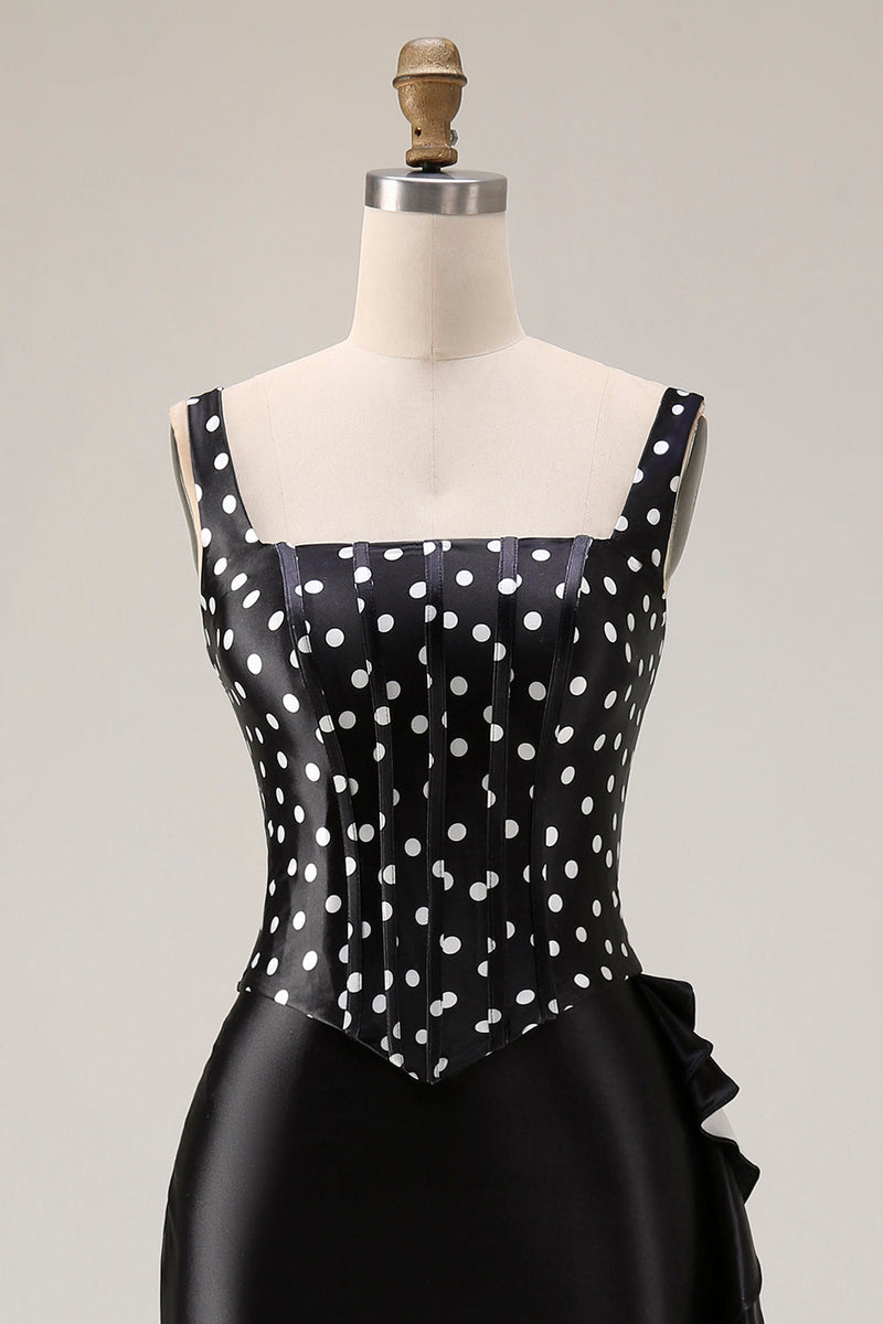 Load image into Gallery viewer, Black and White Polka Dots Mermaid Asymmetrical Corset Prom Dress with Ruffles
