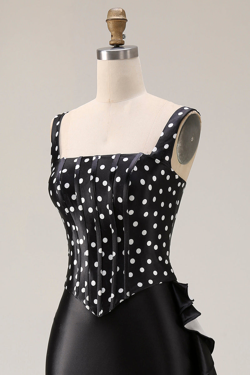 Load image into Gallery viewer, Black and White Polka Dots Mermaid Asymmetrical Corset Prom Dress with Ruffles