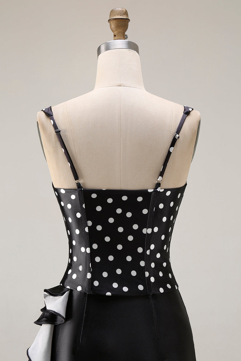 Load image into Gallery viewer, Black and White Polka Dots Mermaid Asymmetrical Corset Prom Dress with Ruffles