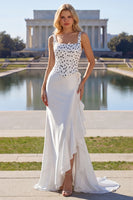 Load image into Gallery viewer, Black and White Polka Dots Mermaid Asymmetrical Corset Prom Dress with Ruffles