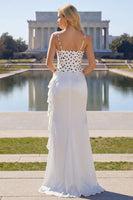 Load image into Gallery viewer, Black and White Polka Dots Mermaid Asymmetrical Corset Prom Dress with Ruffles