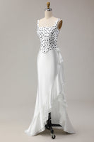 Load image into Gallery viewer, Black and White Mermaid Polka Dots Ruffled Asymmetrical Corset Prom Dress