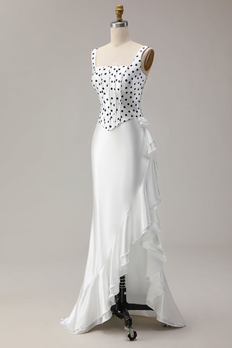 Load image into Gallery viewer, Black and White Mermaid Polka Dots Ruffled Asymmetrical Corset Prom Dress