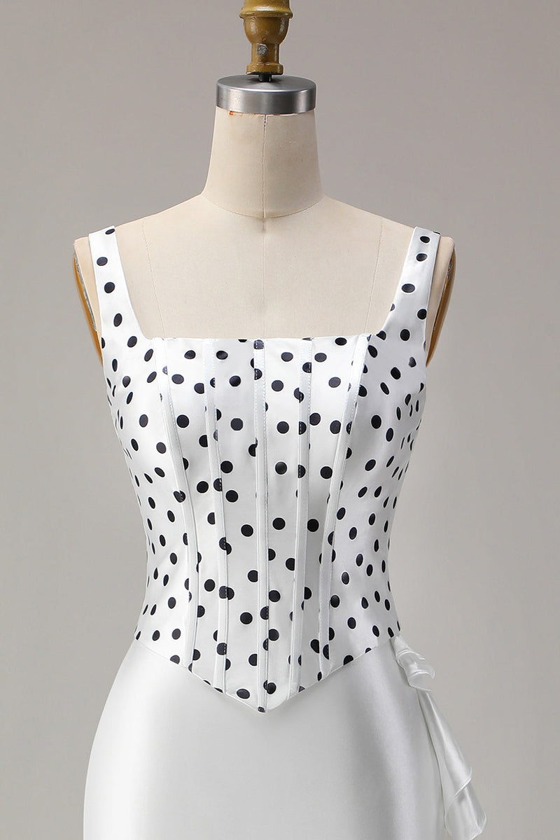 Load image into Gallery viewer, Black and White Mermaid Polka Dots Ruffled Asymmetrical Corset Prom Dress