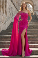 Load image into Gallery viewer, Sparkly Fuchsia Mermaid Beaded Long Prom Dress with Cape