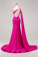 Load image into Gallery viewer, Sparkly Fuchsia Mermaid Beaded Long Prom Dress with Cape