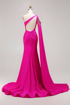 Sparkly Fuchsia Mermaid Beaded Long Prom Dress with Cape