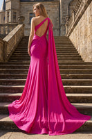 Load image into Gallery viewer, Sparkly Fuchsia Mermaid Beaded Long Prom Dress with Cape