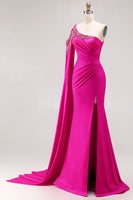 Load image into Gallery viewer, Sparkly Fuchsia Mermaid Beaded Long Prom Dress with Cape
