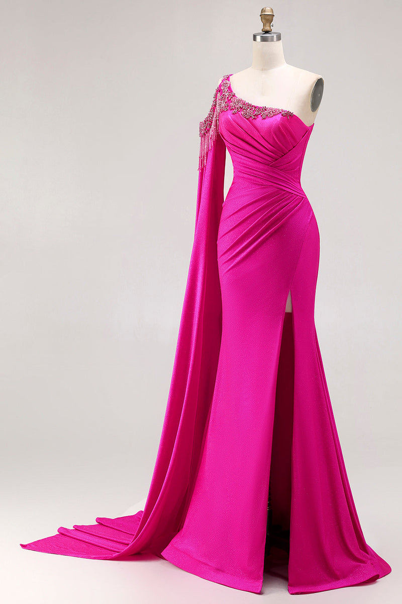 Load image into Gallery viewer, Sparkly Fuchsia Mermaid Beaded Long Prom Dress with Cape