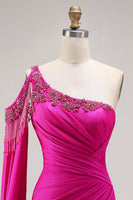 Load image into Gallery viewer, Sparkly Fuchsia Mermaid Beaded Long Prom Dress with Cape