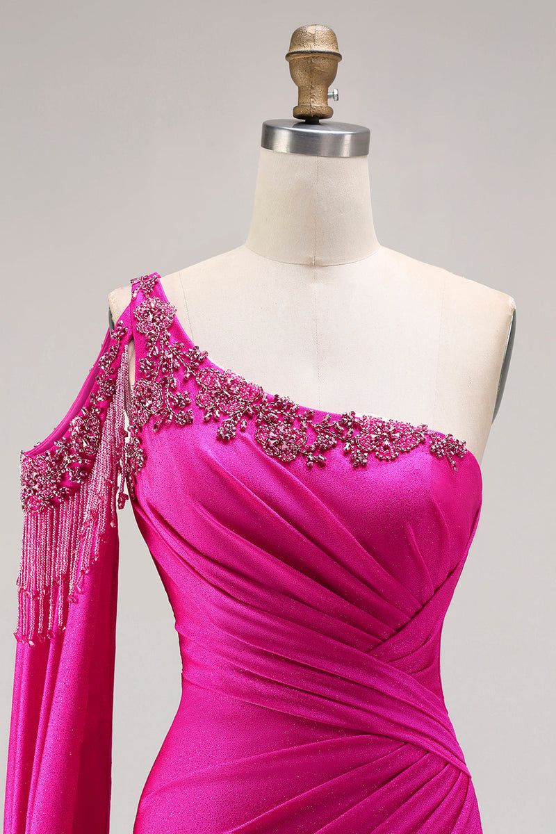 Load image into Gallery viewer, Sparkly Fuchsia Mermaid Beaded Long Prom Dress with Cape