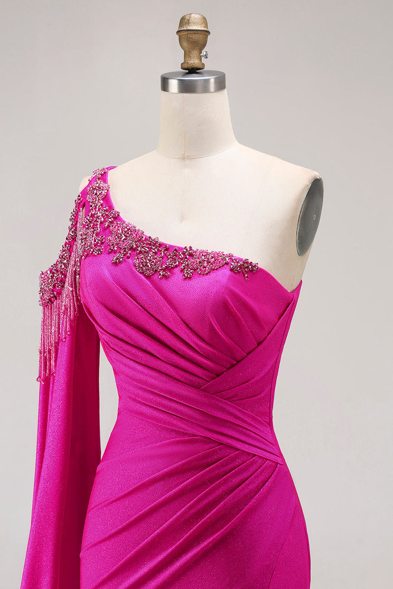 Load image into Gallery viewer, Sparkly Fuchsia Mermaid Beaded Long Prom Dress with Cape