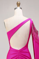 Load image into Gallery viewer, Sparkly Fuchsia Mermaid Beaded Long Prom Dress with Cape
