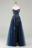 Load image into Gallery viewer, Sparkly Floral Navy Tulle A-Line Long Corset Prom Dress with Sequin