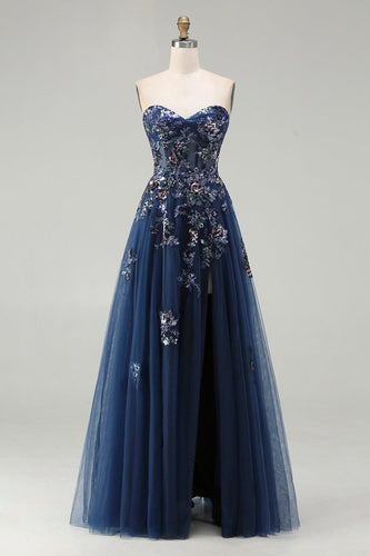 Sparkly Floral Navy Tulle A-Line Long Corset Prom Dress with Sequin