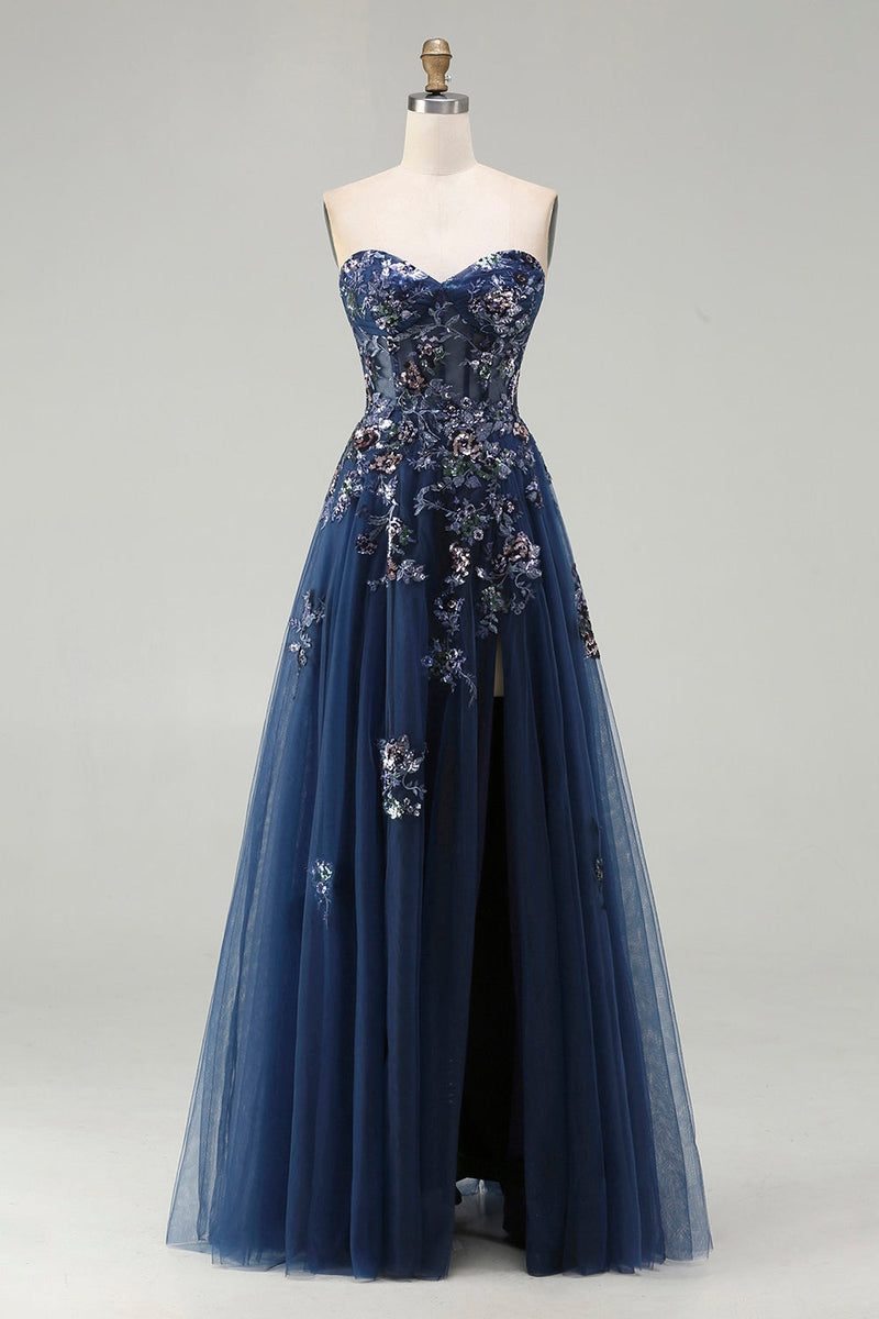 Load image into Gallery viewer, Sparkly Floral Navy Tulle A-Line Long Corset Prom Dress with Sequin