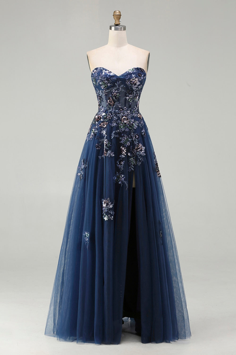 Sparkly Floral Navy Tulle A-Line Long Corset Prom Dress with Sequin