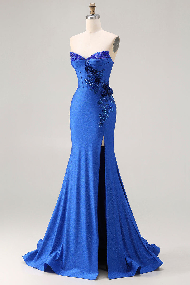 Load image into Gallery viewer, Sparkly Royal Blue Beaded Mermaid Long Corset Prom Dress with Appliques