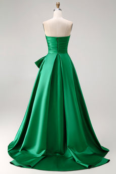 Strapless Dark Green Ball Gown Satin Ruffled Long Prom Dress with Bow