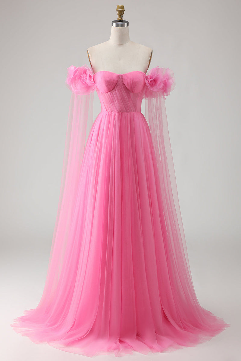 Load image into Gallery viewer, Hot Pink Tulle Off the Shoulder Long Prom Dress with 3D Flowers