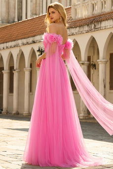 Tulle Hot Pink Off the Shoulder Long Prom Dress with 3D Flowers