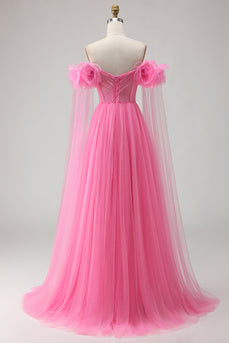 Hot Pink Tulle Off the Shoulder Long Prom Dress with 3D Flowers