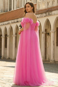 Hot Pink Tulle Plus Size Off the Shoulder Long Prom Dress with 3D Flowers