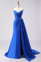 Load image into Gallery viewer, Royal Blue Strapless Mermaid Long Prom Dress with Side Cape