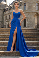 Load image into Gallery viewer, Royal Blue Strapless Mermaid Long Prom Dress with Side Cape