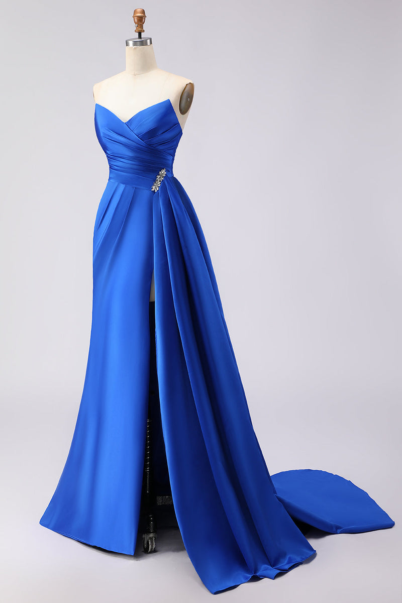 Load image into Gallery viewer, Royal Blue Strapless Mermaid Long Prom Dress with Side Cape