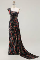 Load image into Gallery viewer, Floral Black and Red Long Mermaid Prom Dress with Slit