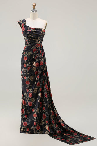 Floral Black and Red Long Mermaid Prom Dress with Slit