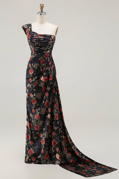Floral Black and Red Long Mermaid Prom Dress with Slit
