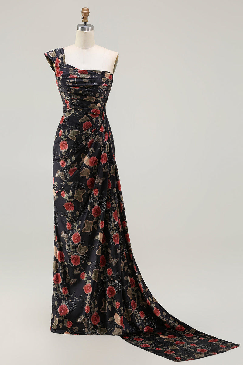 Load image into Gallery viewer, Floral Black and Red Long Mermaid Prom Dress with Slit