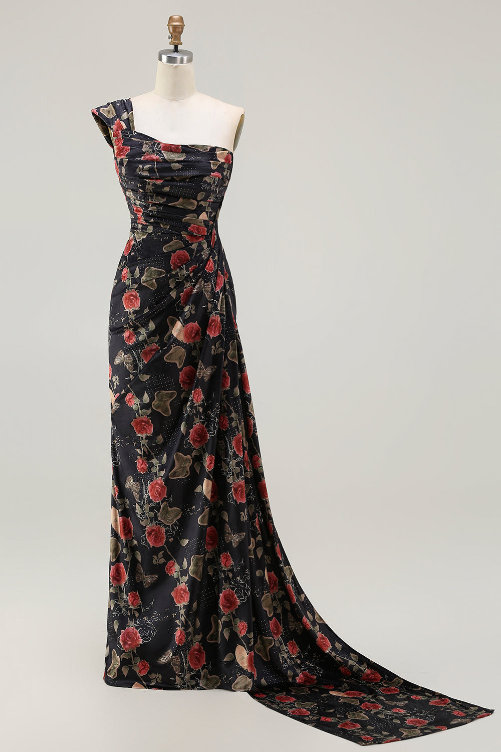 Floral Black and Red Long Mermaid Prom Dress with Slit
