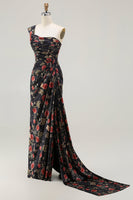 Load image into Gallery viewer, Floral Black and Red Long Mermaid Prom Dress with Slit