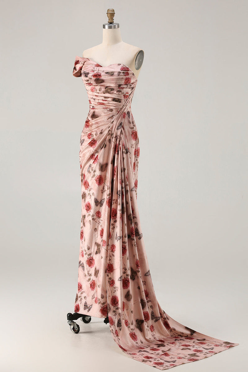 Load image into Gallery viewer, Floral Blush Ruched Long Mermaid Prom Dress with Slit
