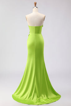 Green Satin Sweetheart Mermaid Long Prom Dress with 3D Flowers