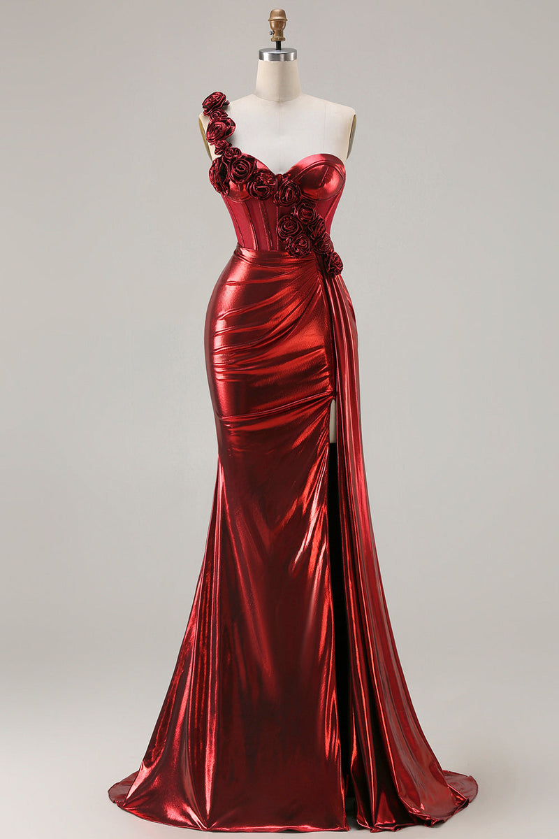 Load image into Gallery viewer, Sparkly Red Ruched Metallic Long Corset Prom Dress with 3D Flowers