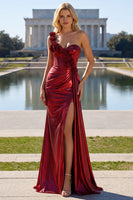 Load image into Gallery viewer, Sparkly Red Ruched Metallic Long Corset Prom Dress with 3D Flowers