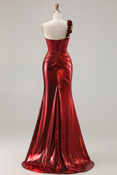 Sparkly Red Ruched Metallic Long Corset Prom Dress with 3D Flowers